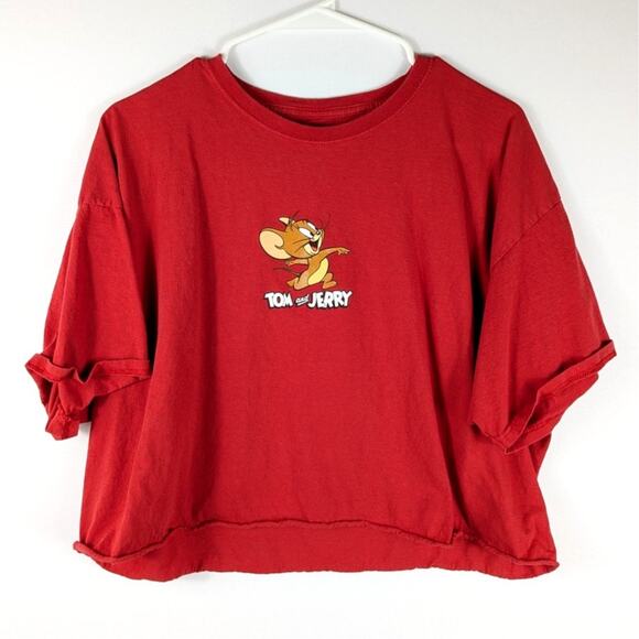 Tom and Jerry Crop T Shirt Womens XL Red Cartoon Graphic Short Sleeve Tee - Picture 2 of 4